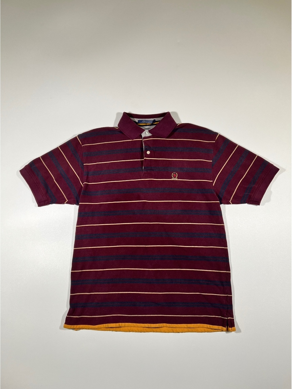 Tommy Hilfiger Striped Polo Shirt L Maroon Navy Gold Vintage Crest